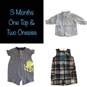 CARTER'S baby boy shirt & romper 3 piece lot blue brown 3 months